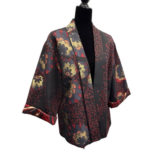 Chico’s Black Red Boho Floral Kimono Jacket Open Front Size 3 (L/XL) Cotton - Picture 2 of 7